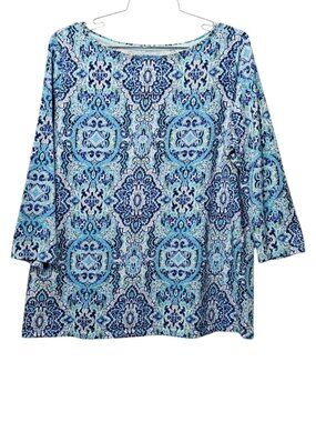 Talbots Blue Floral Geo 3/4 Sleeve Cotton Blend Pullover Medallion Top Size 1X